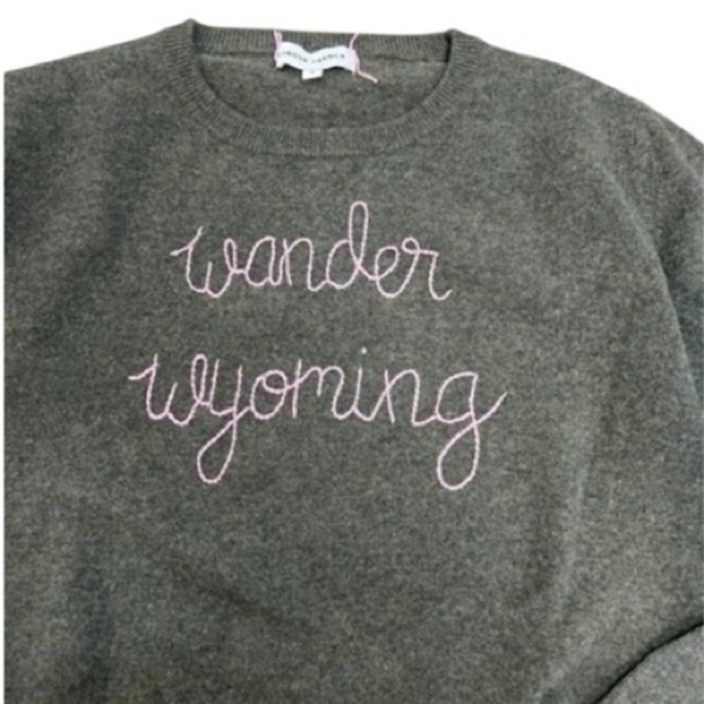 LINGUA FRANCA SWEATER CASHMERE DESIGNER Moss Hand Embroidered “Wander Wyoming” S - Picture 3 of 3